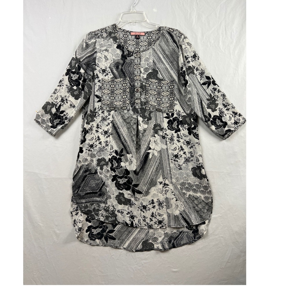Olive Hill Dress Women Size M Shift Black White Chiffon Mixed Floral Geometric